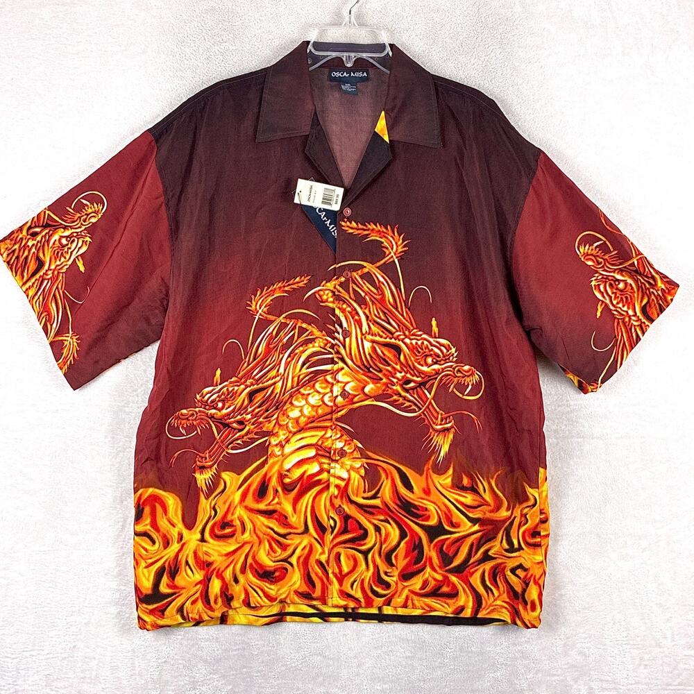 Bowling Shirt Mens XXL Red Yellow Dragon Flames Clubwear Going Out Classic Y2K